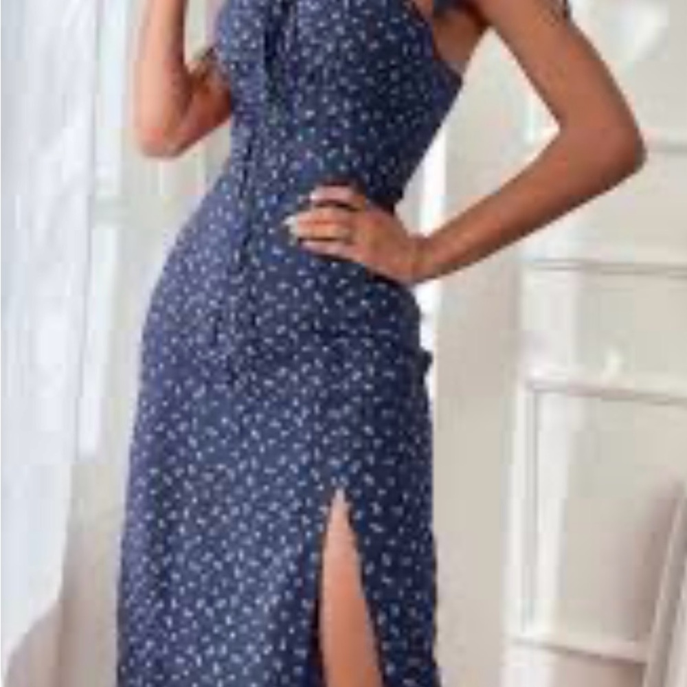 SHEIN Navy Blue Floral Midi Dress